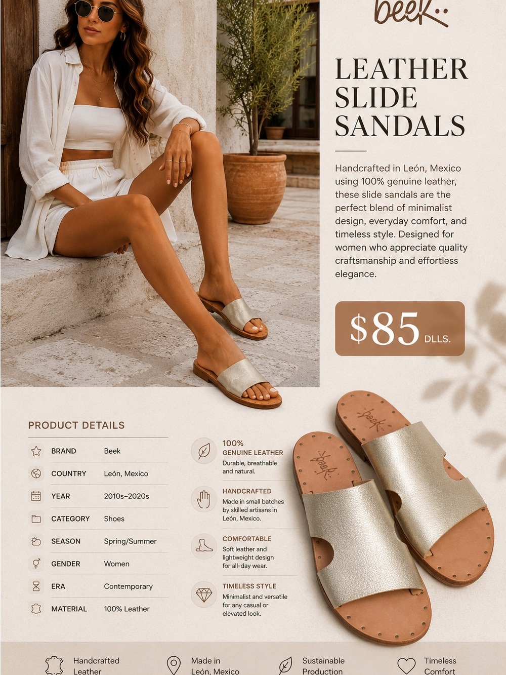 Beek Women's Metallic Gold Leather Slide Sandals